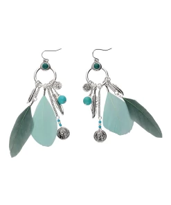 Accessories Statement-Ohrring Im Boho Chic-Look, Tükis, Silberfarben, Federn, Metallperlen, Glasperlen