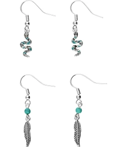 Accessories Silberfarbenes Ohrhänger-Set Im Boho Chic-Look, Feder-Motiv, Schlangen-Motiv